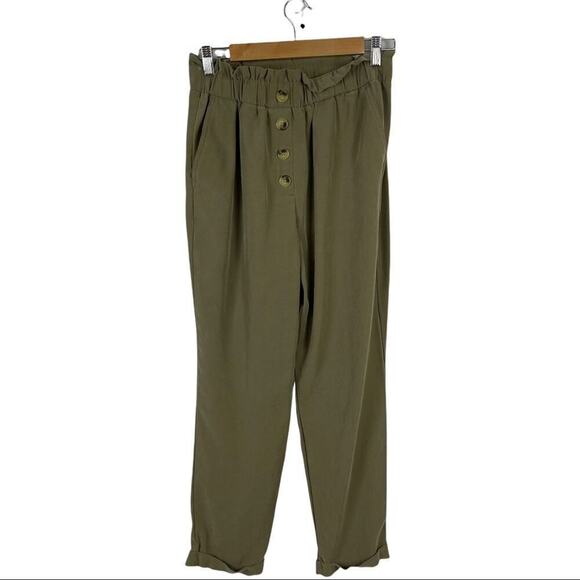 Zara Paperbag Waist Green Viscose High Rise Waisted Trousers Pants Size Medium - Picture 5 of 14